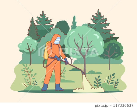 Exterminate pests in park. Cleaning city squares from parasites and insects, specialist in protective suit sprays chemicals, worker with insecticidal equipment cartoon flat vector concept Exterminate pests in park. Cleaning city squares from parasites and insects, specialist in protective suit sprays chemicals, worker with insecticidal equipment cartoon flat vector concept 117336637