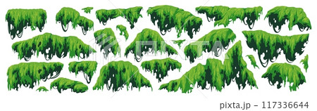 Green swamp moss. Hanging and creeping jungle plants, rainy forest and marsh flora, natural rocks lichen, game rainforest landscape elements, cartoon flat style isolated tidy vector set 117336644