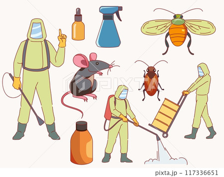 Pest control. Extermination of rodents and insects, people in special suits with sprinklers, poisons and chemicals, professional disinfectors, cartoon flat style isolated vector set 117336651