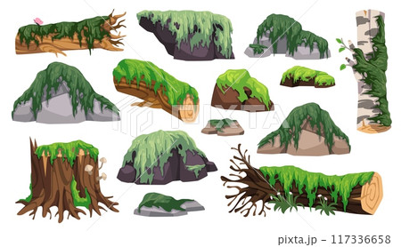 Stumps and logs in moss. Tree trunks and rocks overgrown with creeping rainforest lichens, game natural woodland elements, dense forest plants, tidy vector cartoon isolated set 117336658