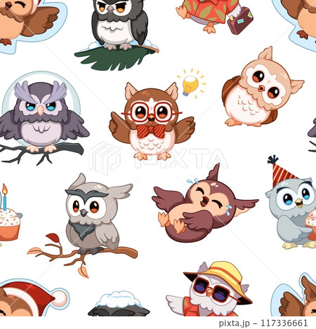 Wise owl seamless pattern. Kids bird characters, funny style, symbol of knowledge and education, repeated mascots, Decor textile, wrapping, wallpaper. Print for fabric, tidy vector background Wise owl seamless pattern. Kids bird characters, funny style, symbol of knowledge and education, repeated mascots, Decor textile, wrapping, wallpaper. Print for fabric, tidy vector background 117336661