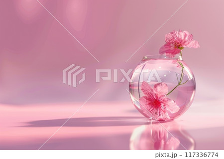 Serene Pink Cherry Blossoms in Transparent Glass Vase on Pastel Background. High quality photo 117336774