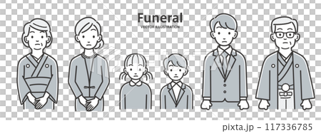 葬儀で故人を偲び悲しむ三世帯の家族 117336785