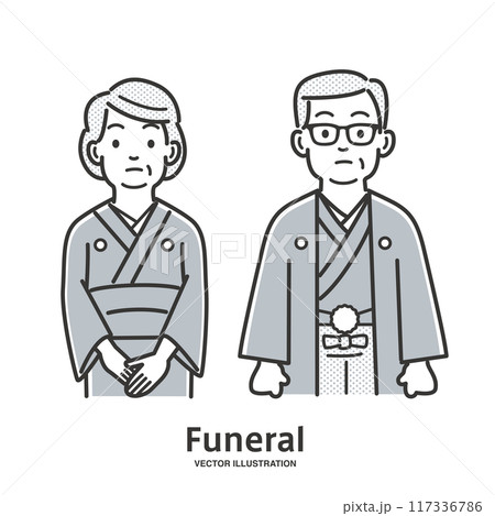 葬儀で故人を偲び悲しむ年配の夫婦 117336786