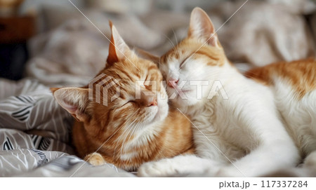 Twin orange tabby cats sleeping on bed, blurred grey background. Chill and love concept 117337284