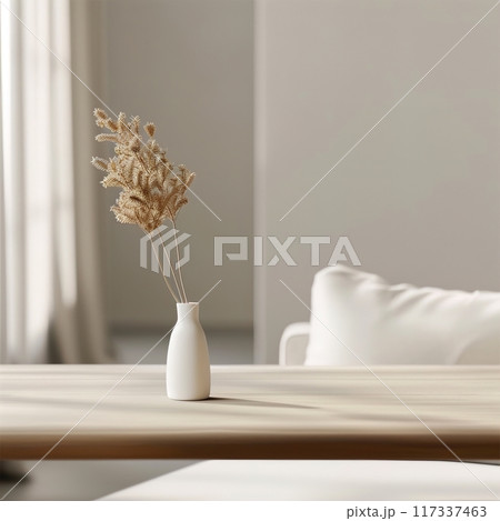 White boho home interior background with tabletop, product placement backdrop, cozy home decor 117337463
