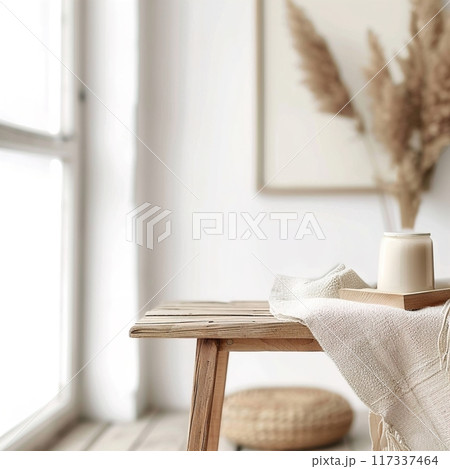 White boho home interior background with tabletop, product placement backdrop, cozy home decor 117337464