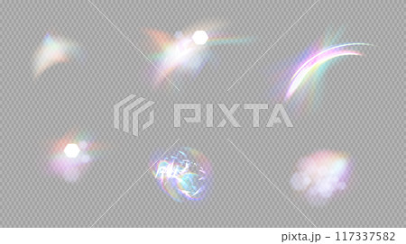 Rainbow reflection Light Prism Flare Overlay effect on light background. Cristal flare leak shadow overlay Hologram glass dispersion. Transparent Mesh gradient Vector illustration 117337582