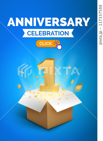 Anniversary birthday 1 year golden background. Happy vector poster 1 anniversary box confetti 117337588