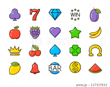 Colorful slot casino machine icons. Slot machine casino symbols fruits, numbers, lucky charms apple 117337632