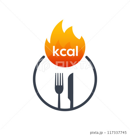 Energy fat burn kcal fire icon. Kilocalorie hot logo vector weight knife fork fitness flame graphic Energy fat burn kcal fire icon. Kilocalorie hot logo vector weight knife fork fitness flame graphic 117337745
