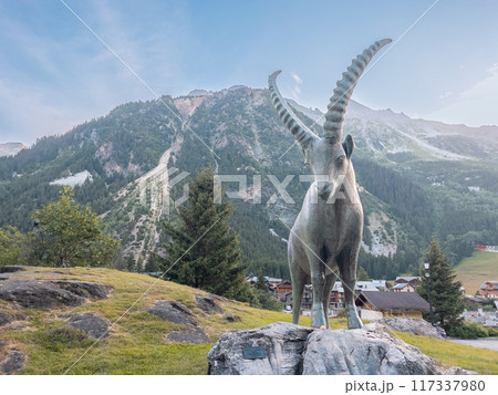 Ibex statue in Pralognan-la-Vanoise, close by national park of Vanoise Ibex statue in Pralognan-la-Vanoise, close by national park of Vanoise 117337980