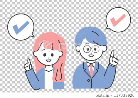 Men and women in suits pointing at check marks Men and women in suits pointing at check marks 117338926