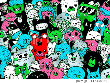 Colorful Halftone Hand Drawn Doodle Style Animal Character Collage Colorful Halftone Hand Drawn Doodle Style Animal Character Collage 117338939