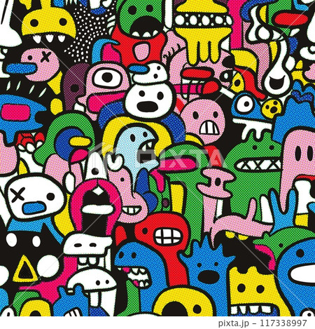 Colorful Halftone Hand Drawn Doodle Monster Character Collage 117338997