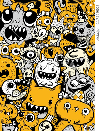 Whimsical Cartoon Monster Gathering in Colorful Doodle Art 117339002