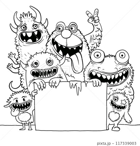 Hand Drawn Doodle Style Monster Holding Blank Sign Coloring Page 117339003