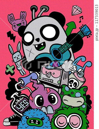Vibrant Cartoon Monster Characters with Halftone Pop Art Style 117339013