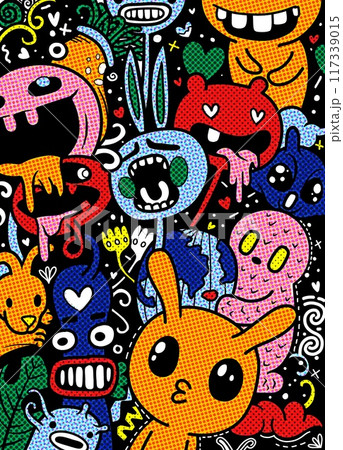 Vibrant Cartoon Monster Characters with Halftone Pop Art Style 117339015