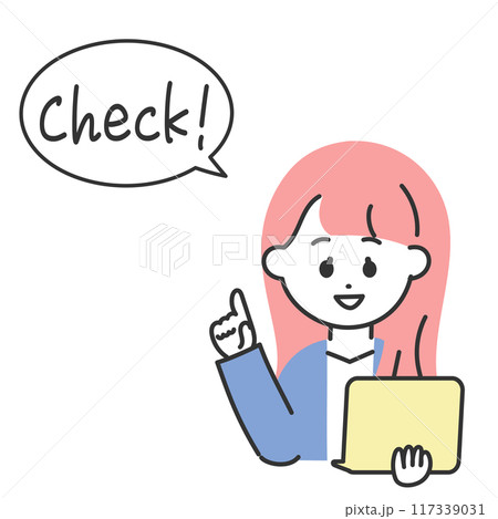 スマートフォンで情報をチェックする女性のイラスト スマートフォンで情報をチェックする女性のイラスト 117339031