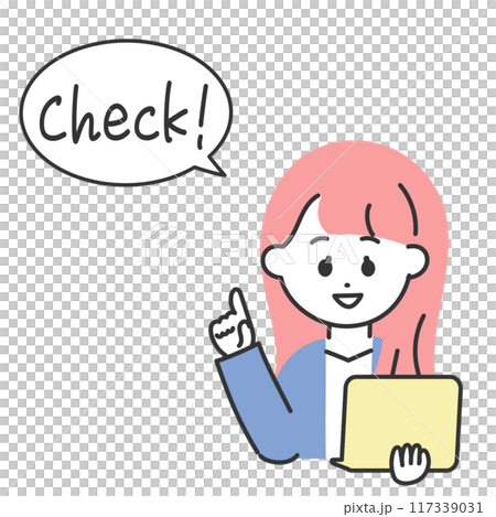 スマートフォンで情報をチェックする女性のイラスト スマートフォンで情報をチェックする女性のイラスト 117339031