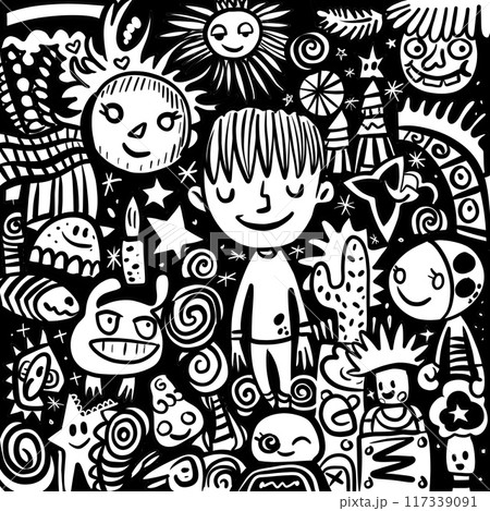 Whimsical Black and White Doodle Art 117339091
