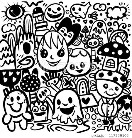 Playful Cartoon Doodle Art with Happy Faces Playful Cartoon Doodle Art with Happy Faces 117339103