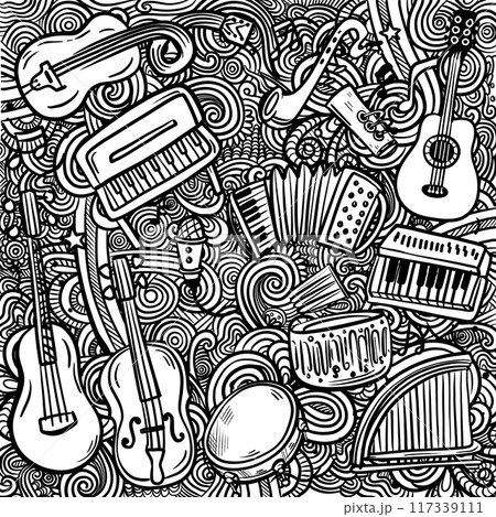 Hand Drawn Musical Instruments Doodle Pattern Hand Drawn Musical Instruments Doodle Pattern 117339111