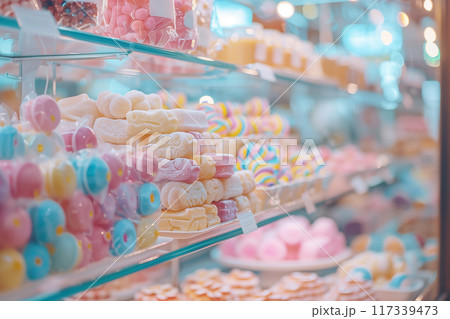カラフルなお菓子が並んだお店のぼやけた背景　AI生成画像 117339473