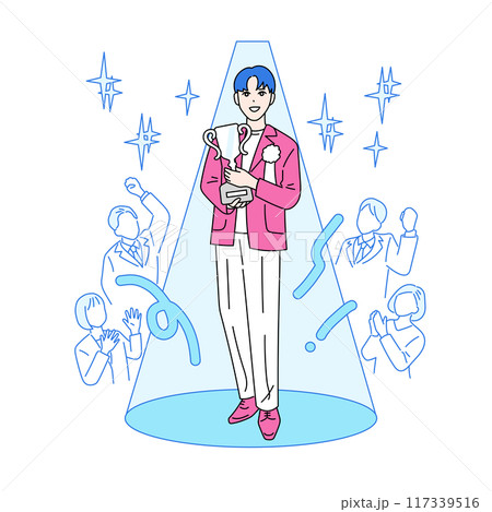 トロフィーを持ち表彰される男性のイラスト　主人公 117339516