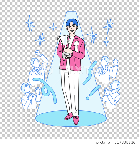 トロフィーを持ち表彰される男性のイラスト　主人公 117339516