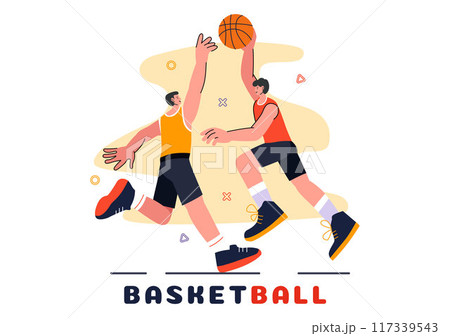 Happy Young Man Playing Basketball Vector Illustration Wearing a Basketball Uniform on an Court for Tournament in a Flat Style Design Background 117339543