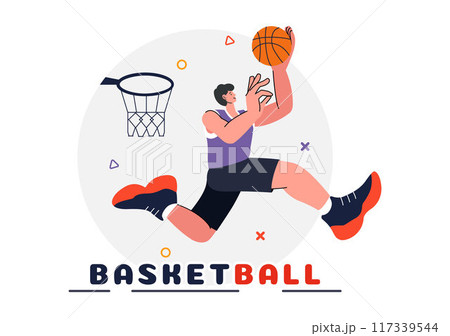 Happy Young Man Playing Basketball Vector Illustration Wearing a Basketball Uniform on an Court for Tournament in a Flat Style Design Background 117339544