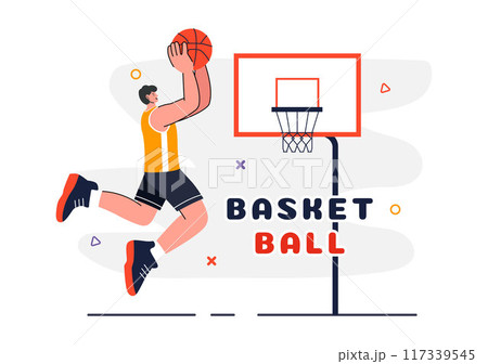Happy Young Man Playing Basketball Vector Illustration Wearing a Basketball Uniform on an Court for Tournament in a Flat Style Design Background 117339545