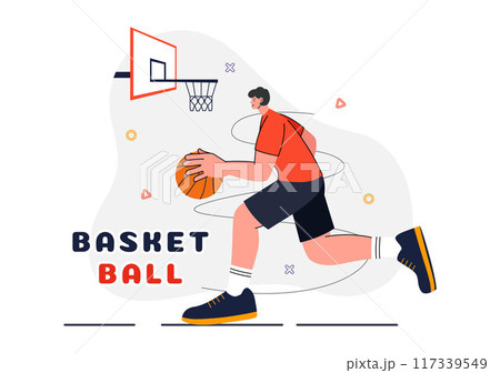 Happy Young Man Playing Basketball Vector Illustration Wearing a Basketball Uniform on an Court for Tournament in a Flat Style Design Background Happy Young Man Playing Basketball Vector Illustration Wearing a Basketball Uniform on an Court for Tournament in a Flat Style Design Background 117339549