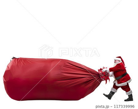 Santa Claus Dragging Huge Sack of Gifts PNG Transparency 117339996