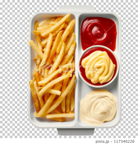 Crispy Golden French Fries with Mayonnaise Ketchup PNG Transpareny 117340226