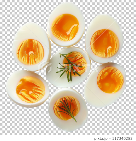 Collection of Boiled Eggs with Soft Runny Yolks PNG Transparency 117340282
