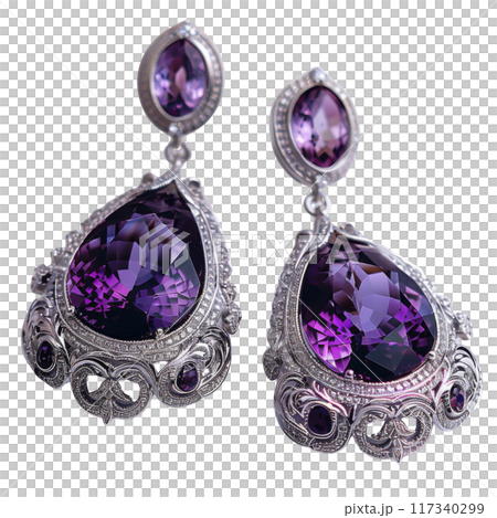 Luxurious Purple Gemstone Earrings with Intricate Silver Gold Settings PNG Transparency Luxurious Purple Gemstone Earrings with Intricate Silver Gold Settings PNG Transparency 117340299