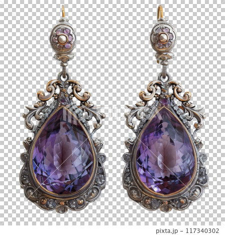 Luxurious Purple Gemstone Earrings with Intricate Silver Gold Settings PNG Transparency 117340302