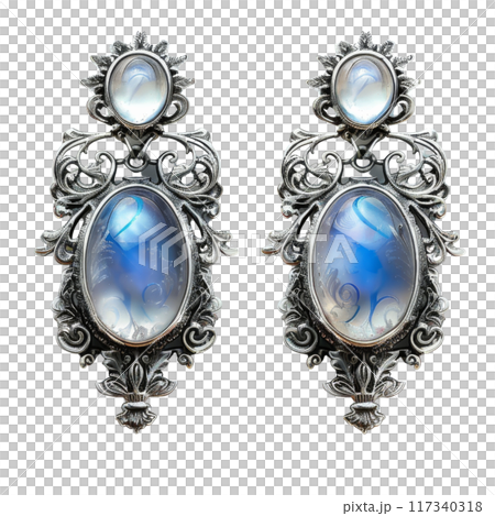 Antique Moonstone Earrings with Ornate Designs PNG Transparency Antique Moonstone Earrings with Ornate Designs PNG Transparency 117340318