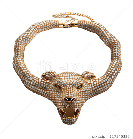 A luxurious diamond-studded gold necklace featuring an intricately designed panther head. PNG transparency. A luxurious diamond-studded gold necklace featuring an intricately designed panther head. PNG transparency. 117340323