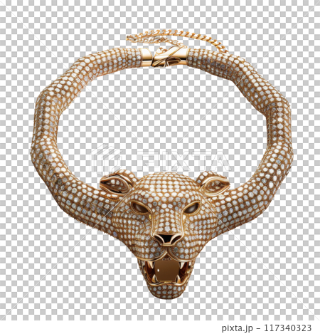 A luxurious diamond-studded gold necklace featuring an intricately designed panther head. PNG transparency. A luxurious diamond-studded gold necklace featuring an intricately designed panther head. PNG transparency. 117340323