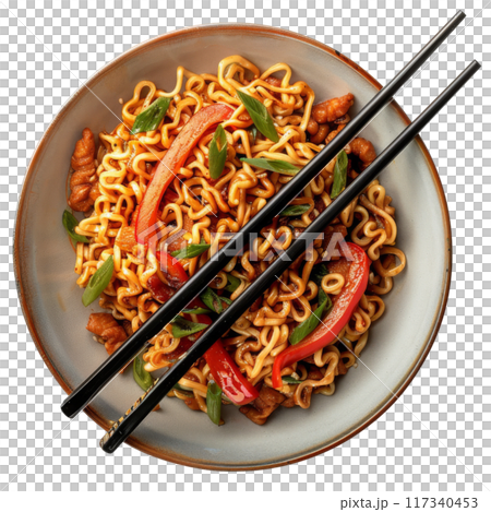 Spicy Asian Noodles with Vegetables and Basil PNG Transparency 117340453