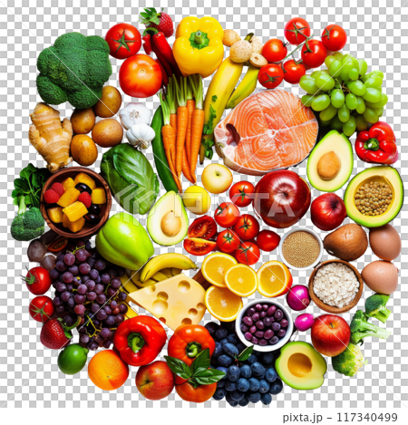 Assorted Healthy Foods Vegetables Fruits and Fish PNG Transparency 117340499