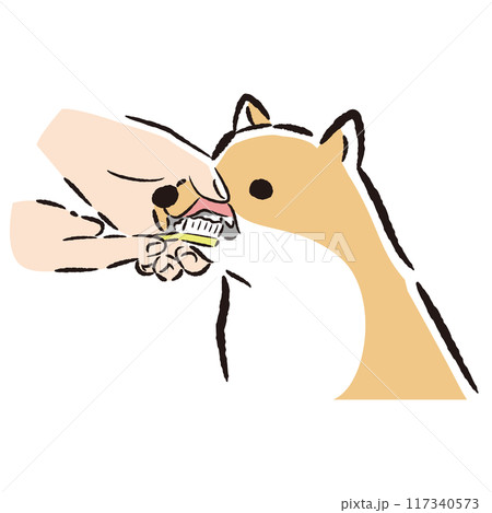 犬の歯みがきの手描きイラスト 犬の歯みがきの手描きイラスト 117340573