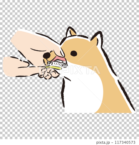 Hand drawn illustration of a dog brushing its teeth 117340573