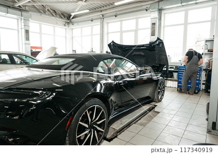 Car with open hood in car service station Car with open hood in car service station 117340919