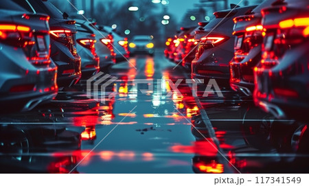 City Traffic Jam at Night in Rain 117341549