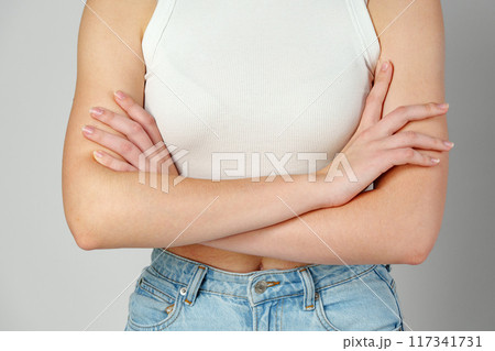 Young Woman Arm with Gesture close up Young Woman Arm with Gesture close up 117341731